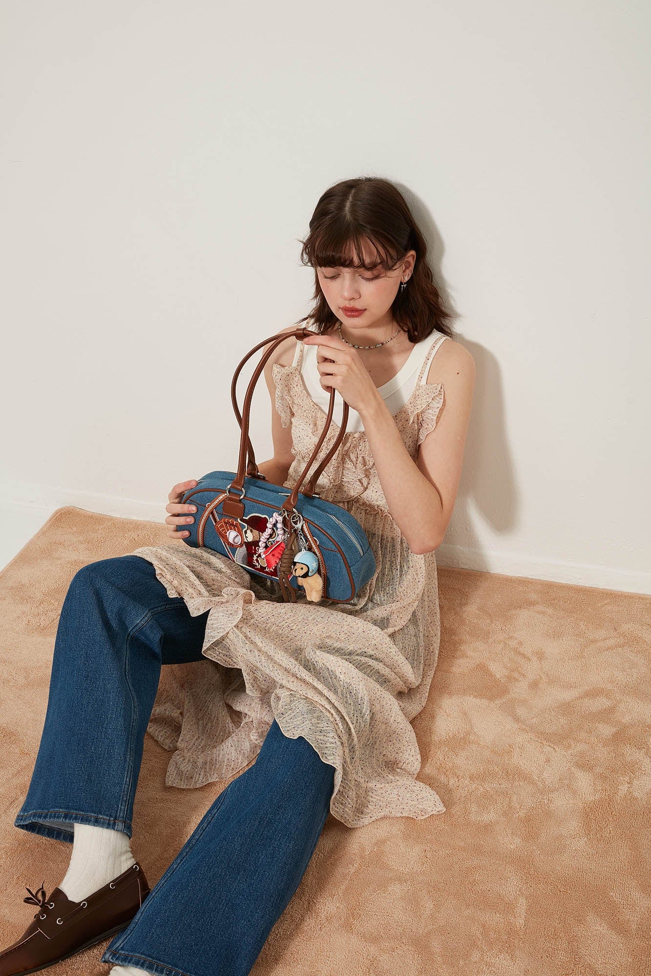 Denim Teddy Bowling Bag -  chic bowling bag - Denim Bowling Bag with Plush Bear Charm - View 4