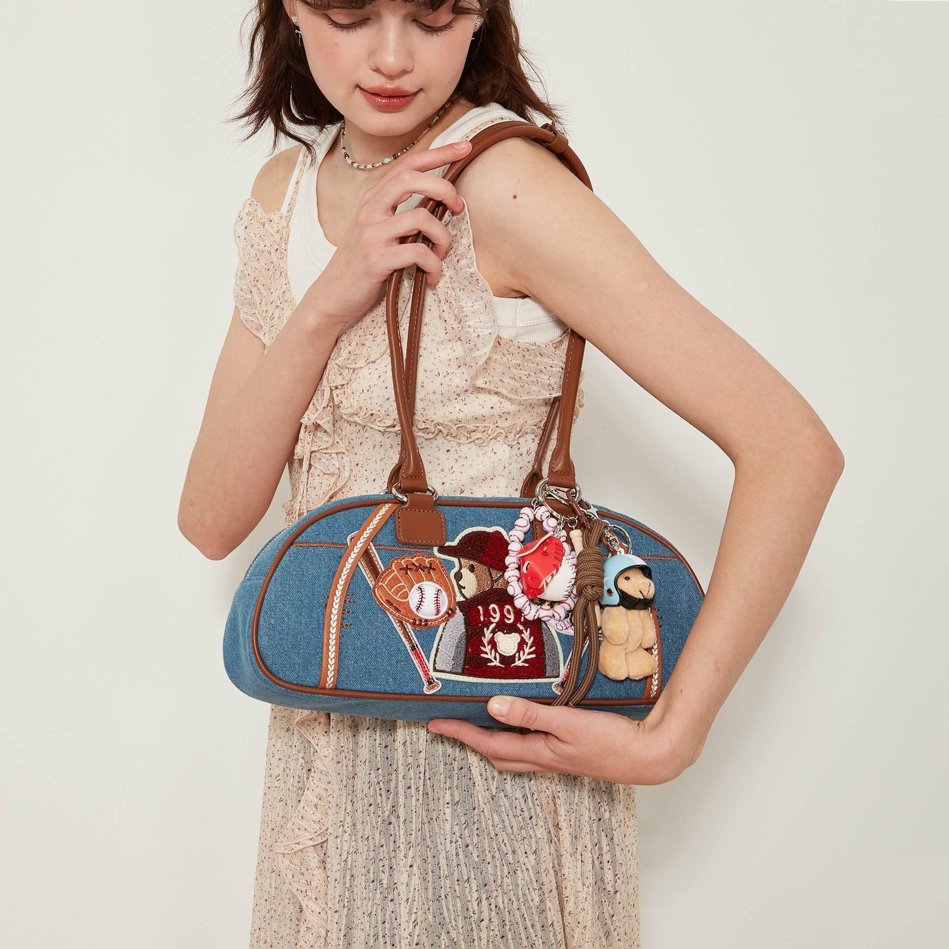 Denim Teddy Bowling Bag - denim bag - Denim Bowling Bag with Plush Bear Charm - Main view