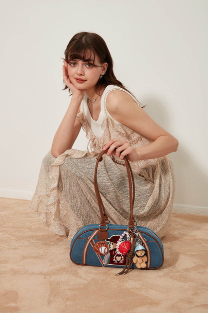 Denim Teddy Bowling Bag -  fashionable denim bag - Denim Bowling Bag with Plush Bear Charm - View 5