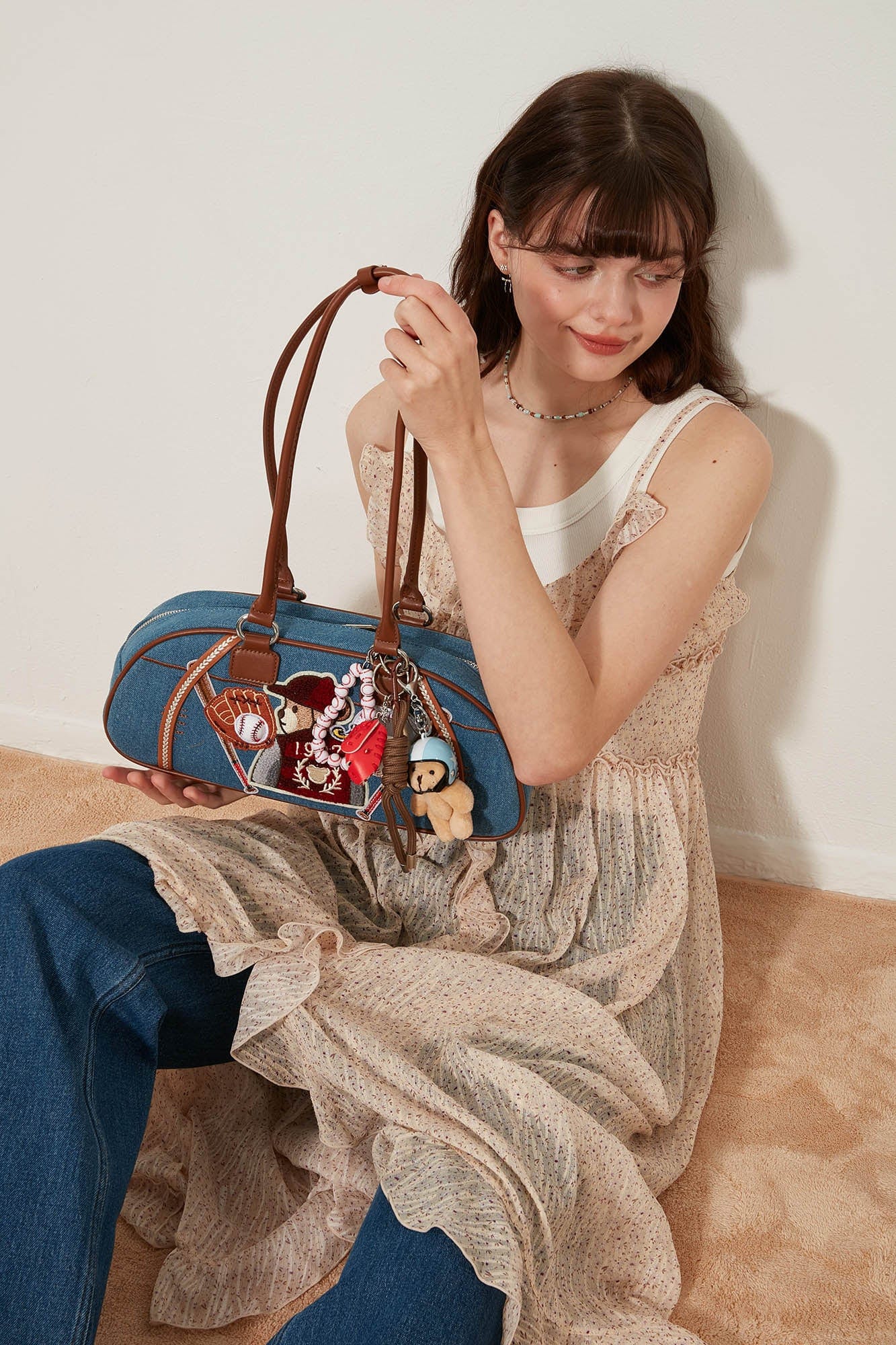 Denim Teddy Bowling Bag - varsity style bag - Denim Bowling Bag with Plush Bear Charm - View 8