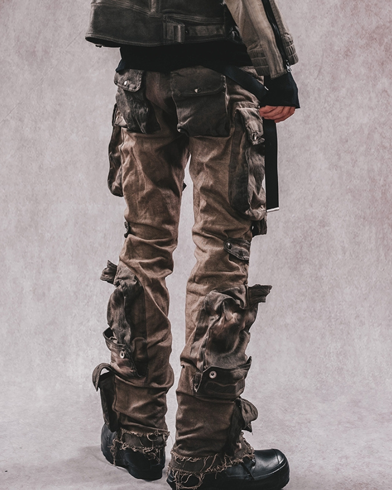 Distressed Flared Stretch Cargo Pants - cargo pants - Distressed Flared Stretch Cargo Pants in Coffee - View 2
