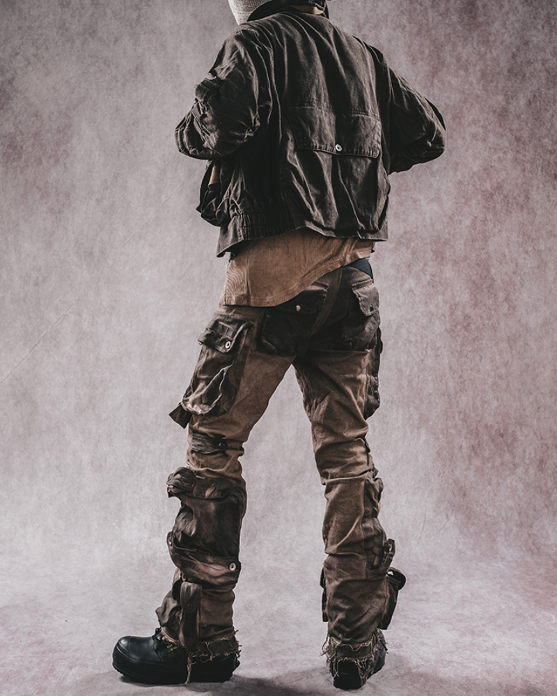 Distressed Flared Stretch Cargo Pants - cyberpunk pants - Distressed Flared Stretch Cargo Pants in Coffee - View 3