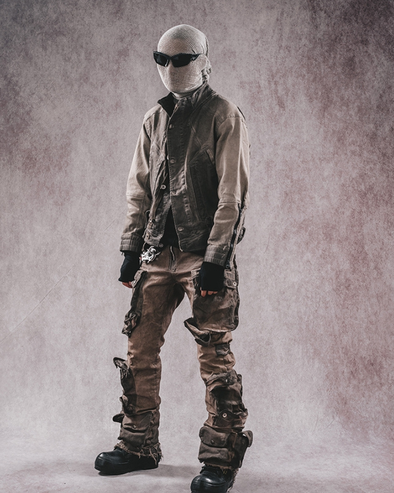 Distressed Flared Stretch Cargo Pants -  distressed pants - Distressed Flared Stretch Cargo Pants in Coffee - View 4