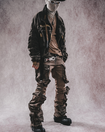 Distressed Flared Stretch Cargo Pants -  streetwear - Distressed Flared Stretch Cargo Pants in Coffee - View 5
