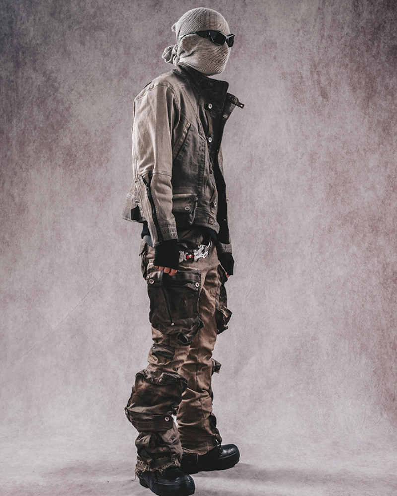 Distressed Flared Stretch Cargo Pants -  techwear - Distressed Flared Stretch Cargo Pants in Coffee - View 7