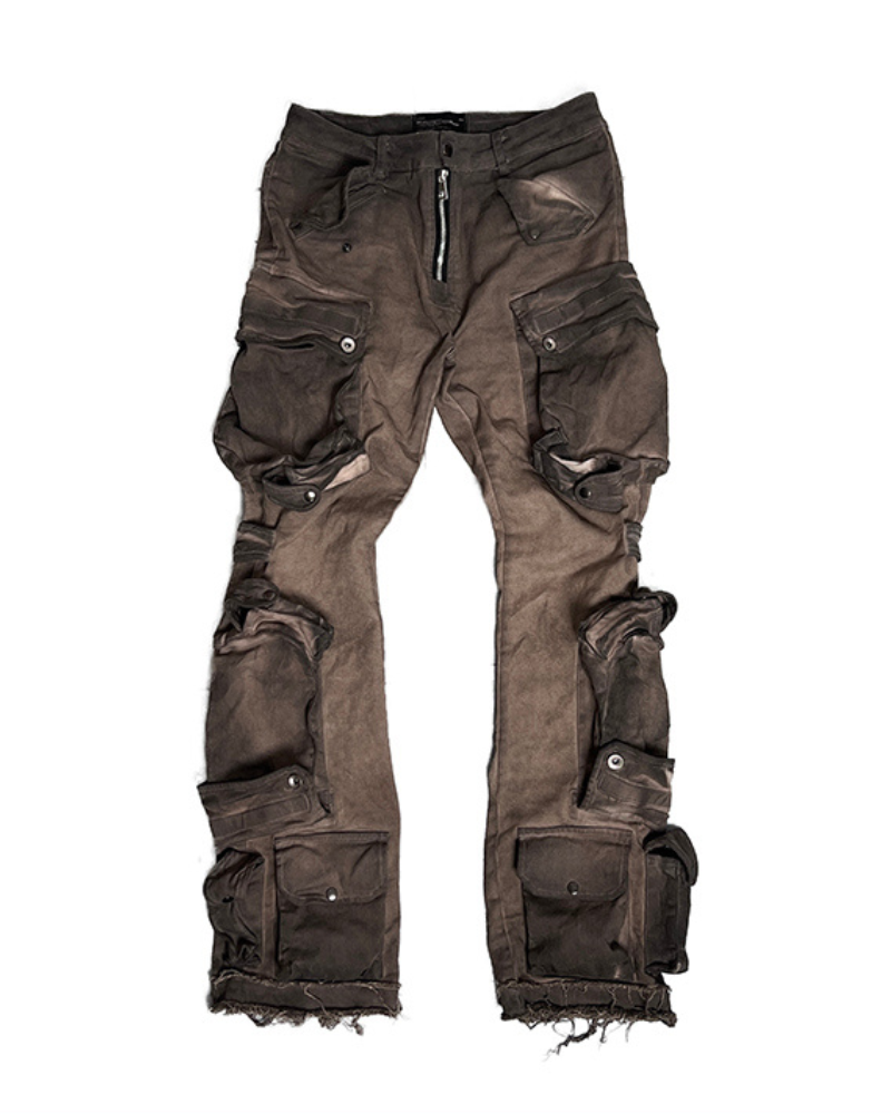 Distressed Flared Stretch Cargo Pants -  wasteland wear - Distressed Flared Stretch Cargo Pants in Coffee - View 8