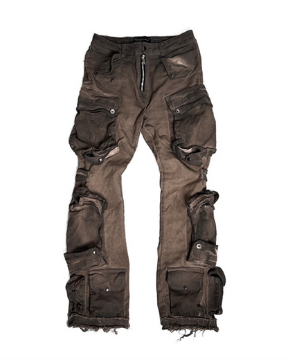 Distressed Flared Stretch Cargo Pants -  wasteland wear - Distressed Flared Stretch Cargo Pants in Coffee - View 8