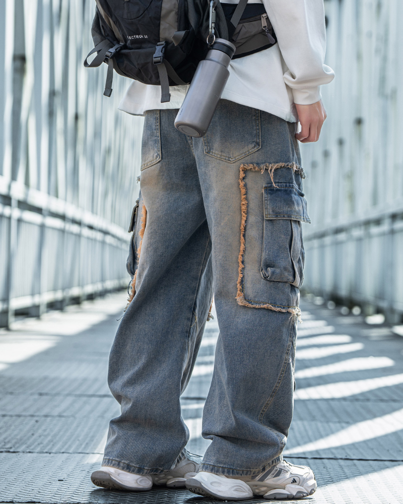 Distressed Straight-Leg Street Jeans -  cargo jeans with pockets - Distressed Straight-Leg Jeans for Effortless Style - View 3