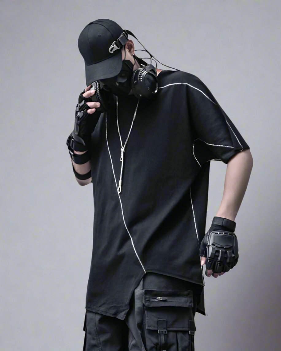 Dynamic Geometric Techwear Tee - asymmetrical hemline - Dynamic Geometric Techwear Tee for Unique Style - Main view