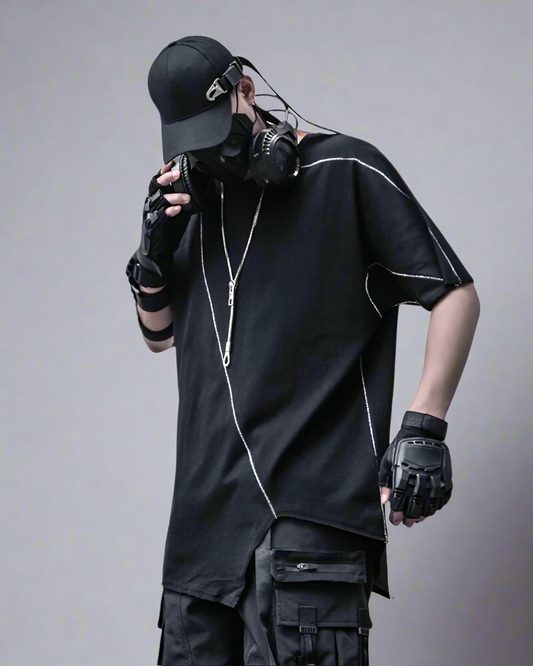 Dynamic Geometric Techwear Tee - asymmetrical hemline - Dynamic Geometric Techwear Tee for Unique Style - Main view