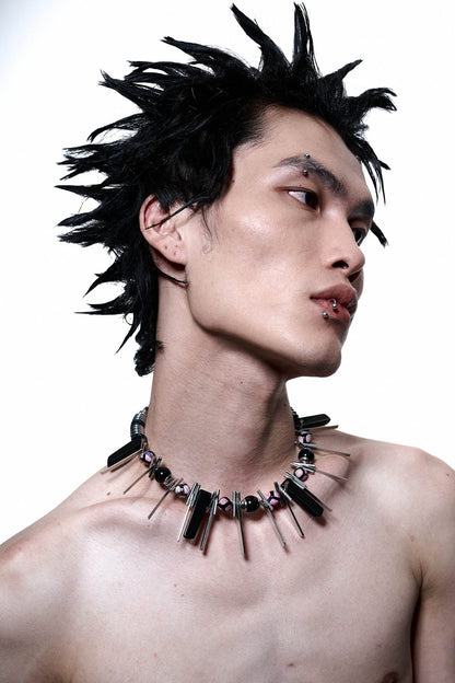 Edge of Annihilation Spike Necklace -  bold accessory - Futuristic Spike Necklace with Bold Metal and Beads - View 4