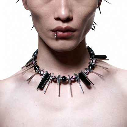Edge of Annihilation Spike Necklace - dynamic design necklace - Futuristic Spike Necklace with Bold Metal and Beads - Main view