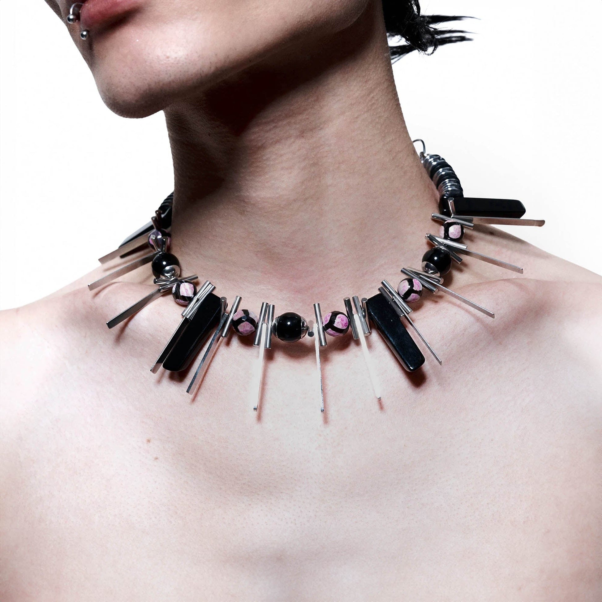 Edge of Annihilation Spike Necklace - New Arrivals - Futuristic Spike Necklace with Bold Metal and Beads - View 2