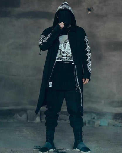 Edgy Futuristic Dark Long Coat - black coat - Futuristic Dark Long Coat for Stylish Urban Wear - Main view