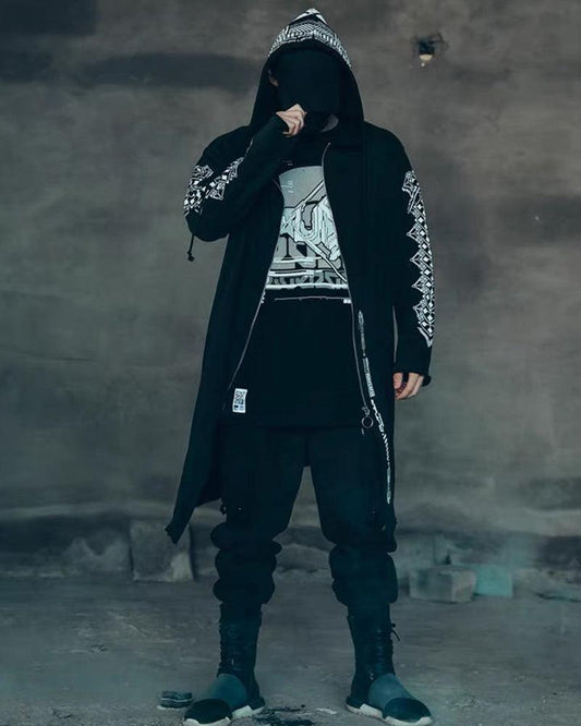 Edgy Futuristic Dark Long Coat - black coat - Futuristic Dark Long Coat for Stylish Urban Wear - Main view