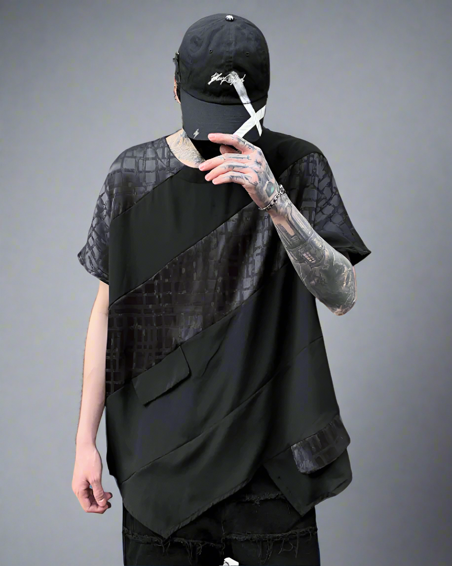 Edgy Patchwork Hem Tee - comfortable t-shirt - Edgy Patchwork Hem Tee for Urban Techwear Style - Main view