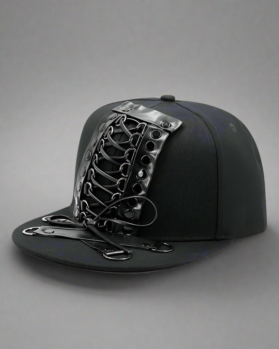 Edgy Rivet Strap Cap -  fashionable headwear - Stylish Black Rivet Strap Cap for Comfort and Durability - View 6
