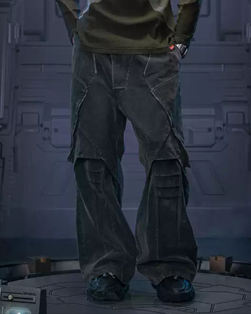 Edgy Velvet Denim Pants - futuristic fashion - Loose Velvet Denim Pants with Cyberpunk Aesthetic - Main view