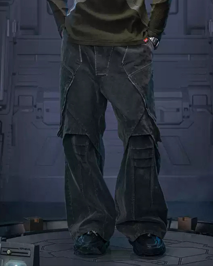 Edgy Velvet Denim Pants - futuristic fashion - Loose Velvet Denim Pants with Cyberpunk Aesthetic - Main view