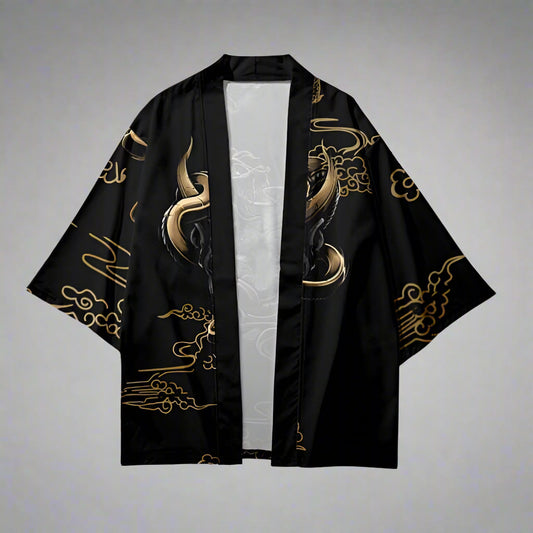 Elegant Black and Gold Cardigan - BEST SELLERS - Stylish Black and Gold Haori Kimono Cardigan - Main view