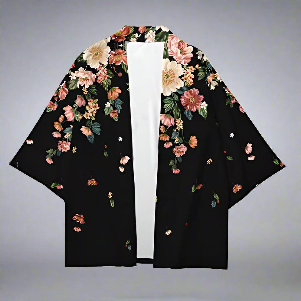Elegant Black Floral Kimono - black kimono - Elegant Black Floral Kimono for Effortless Layering - Main view