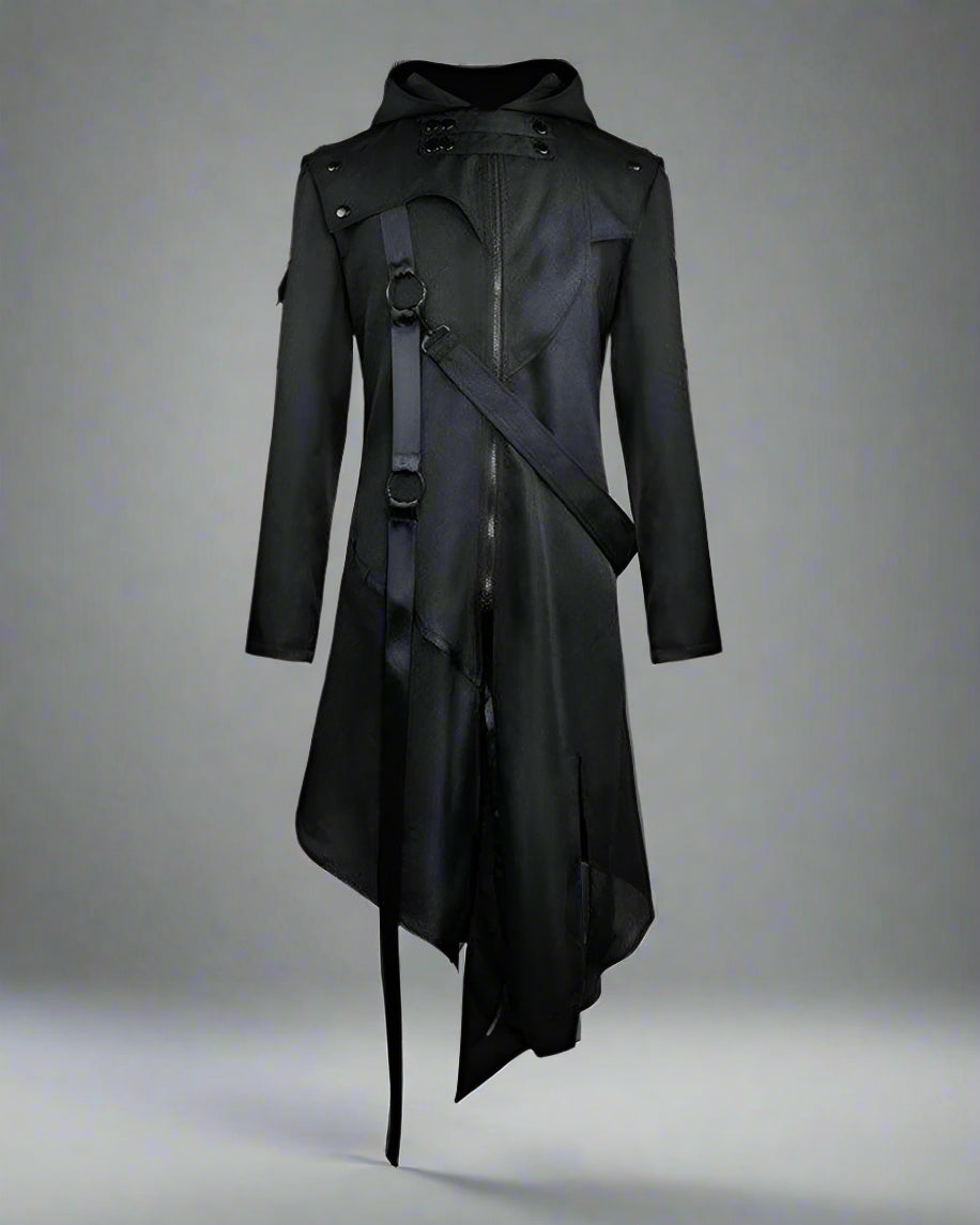 Elegant Black Ribbons Cosplay Coat - black coat - Elegant Black Techwear Coat with Unique Ribbons - Main view