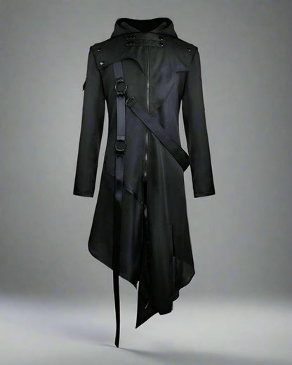 Elegant Black Ribbons Cosplay Coat - black coat - Elegant Black Techwear Coat with Unique Ribbons - Main view
