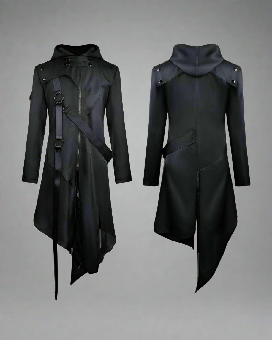 Elegant Black Ribbons Cosplay Coat -  cosplay coat - Elegant Black Techwear Coat with Unique Ribbons - View 3