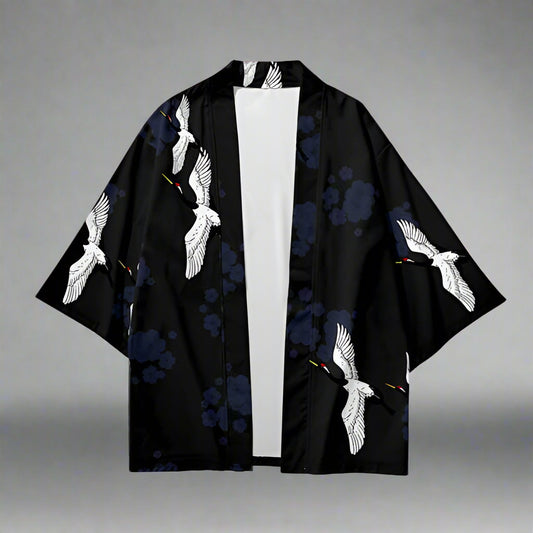 Elegant Crane Kimono - crane kimono - Elegant Crane Print Kimono and Shorts Set - Main view