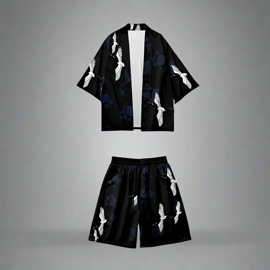 Elegant Crane Kimono -  haori cardigan - Elegant Crane Print Kimono and Shorts Set - View 4