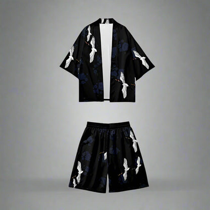Elegant Crane Kimono -  haori cardigan - Elegant Crane Print Kimono and Shorts Set - View 4