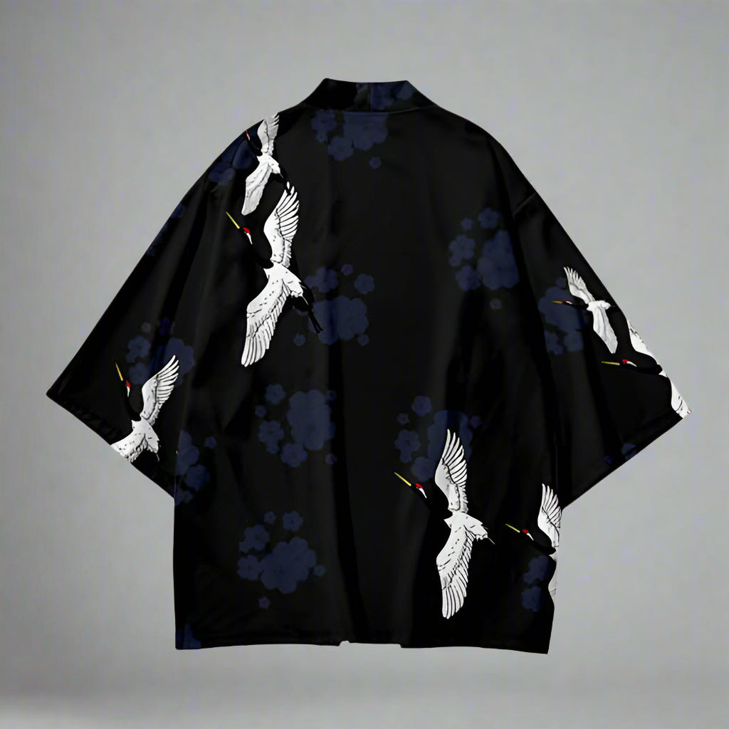 Elegant Crane Kimono - japanese kimono - Elegant Crane Print Kimono and Shorts Set - View 2