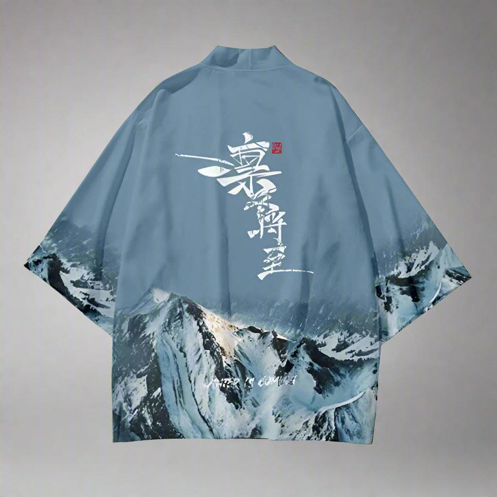 Elegant Japanese Kimono Ensemble - elegant kimono set - Japanese Kimono Set with Mountain Landscape Design - Main view