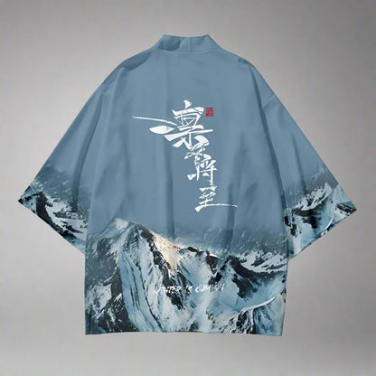 Elegant Japanese Kimono Ensemble - elegant kimono set - Japanese Kimono Set with Mountain Landscape Design - Main view