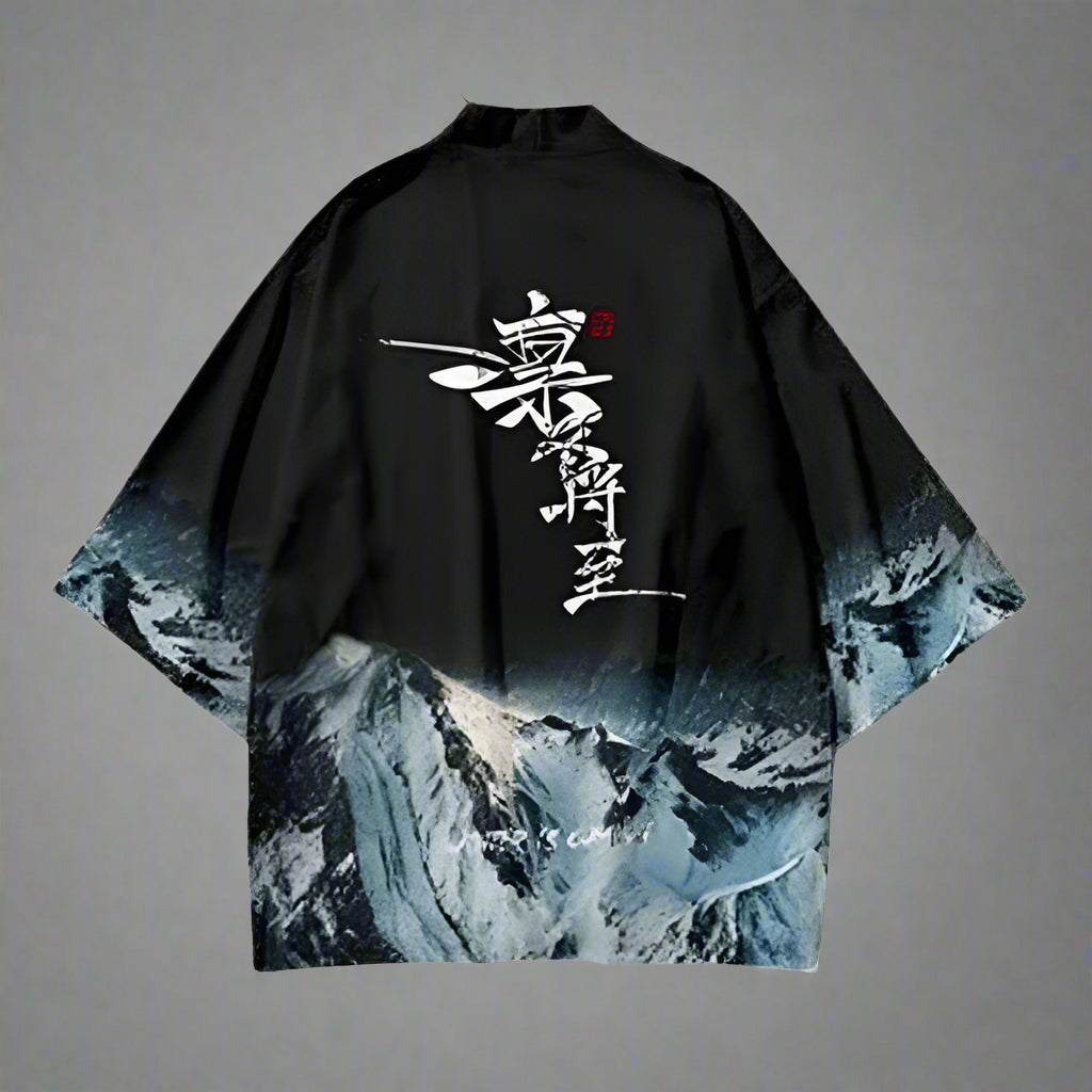 Elegant Japanese Kimono Ensemble -  haori cardigan - Japanese Kimono Set with Mountain Landscape Design - View 3