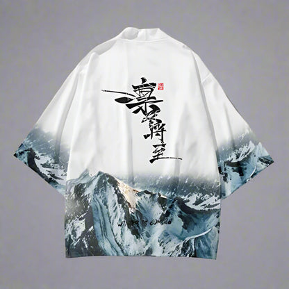 Elegant Japanese Kimono Ensemble - japanese kimono - Japanese Kimono Set with Mountain Landscape Design - View 2