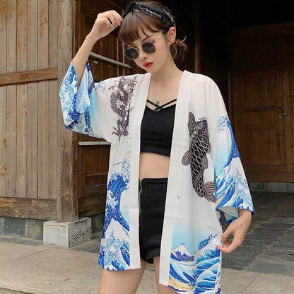 Elegant Japanese Kimono Inspired Jacket -  classic black and white jacket - Stylish Japanese Kimono Jacket with Koi Design - View 3