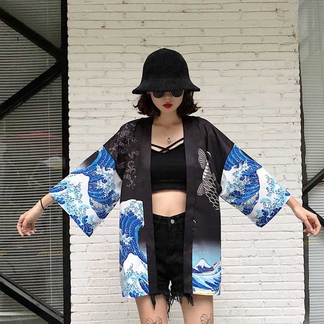 Elegant Japanese Kimono Inspired Jacket -  haori - Stylish Japanese Kimono Jacket with Koi Design - View 5
