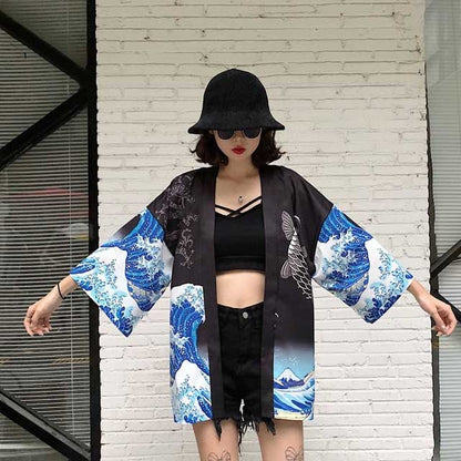 Elegant Japanese Kimono Inspired Jacket -  haori - Stylish Japanese Kimono Jacket with Koi Design - View 5