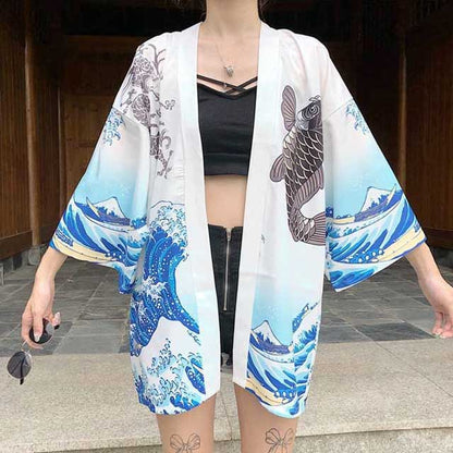 Elegant Japanese Kimono Inspired Jacket -  kimono - Stylish Japanese Kimono Jacket with Koi Design - View 7