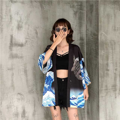 Elegant Japanese Kimono Inspired Jacket -  koi - Stylish Japanese Kimono Jacket with Koi Design - View 8