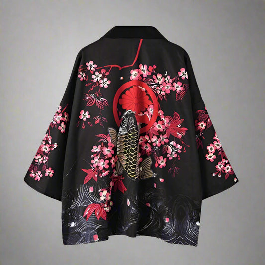 Elegant Koi-Inspired Kimono Wrap - japanese kimono cardigan - Koi-Inspired Kimono Wrap for Comfortable Style - Main view
