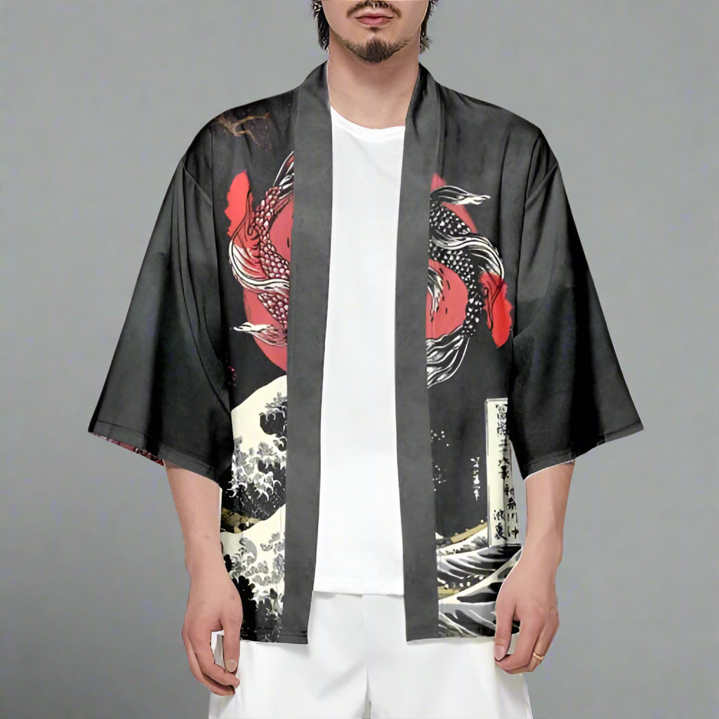 Elegant Koi-Patterned Kimono -  flattering kimono fit - Elegant Koi-Patterned Kimono Cardigan with Pants - View 3