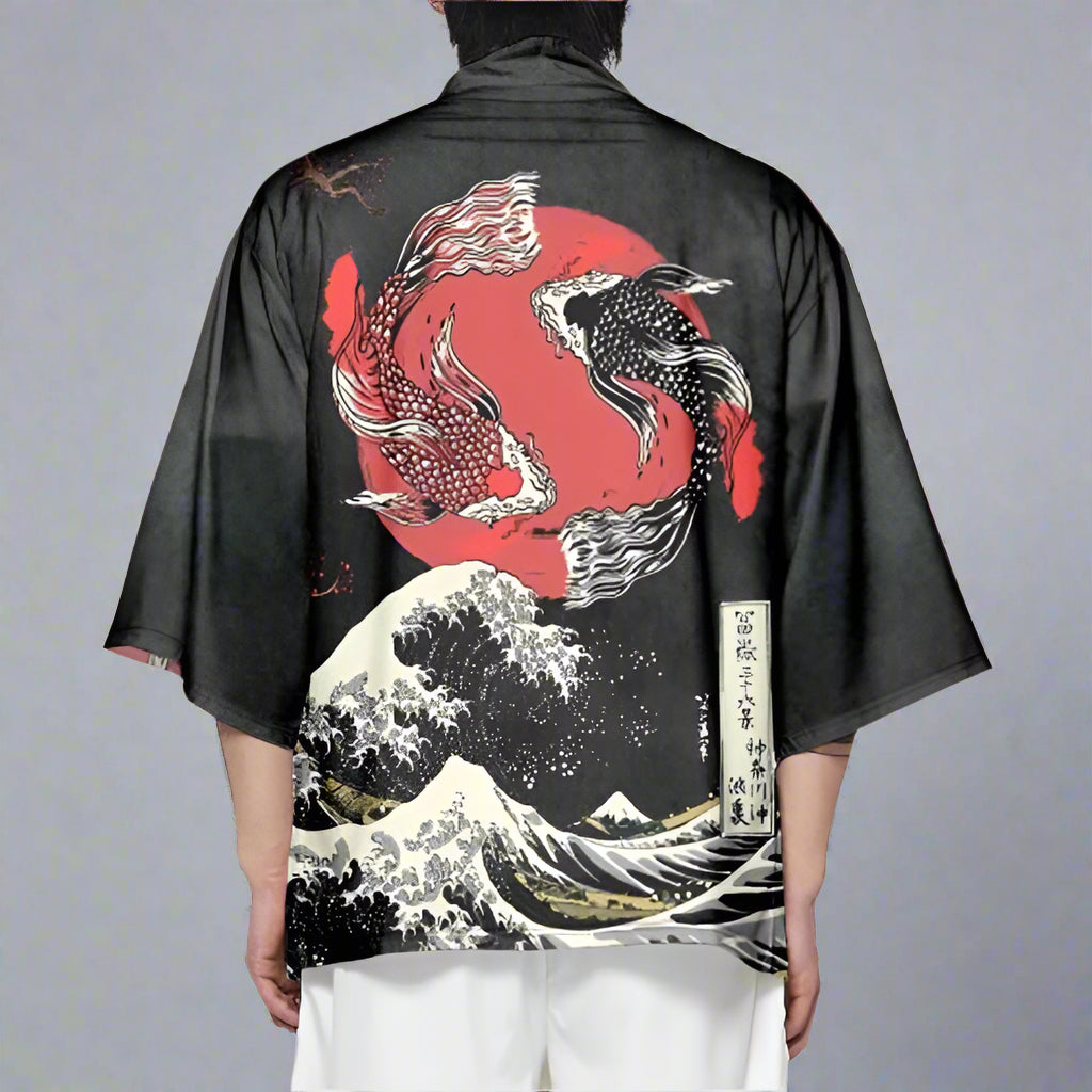 Elegant Koi-Patterned Kimono -  haori - Elegant Koi-Patterned Kimono Cardigan with Pants - View 4