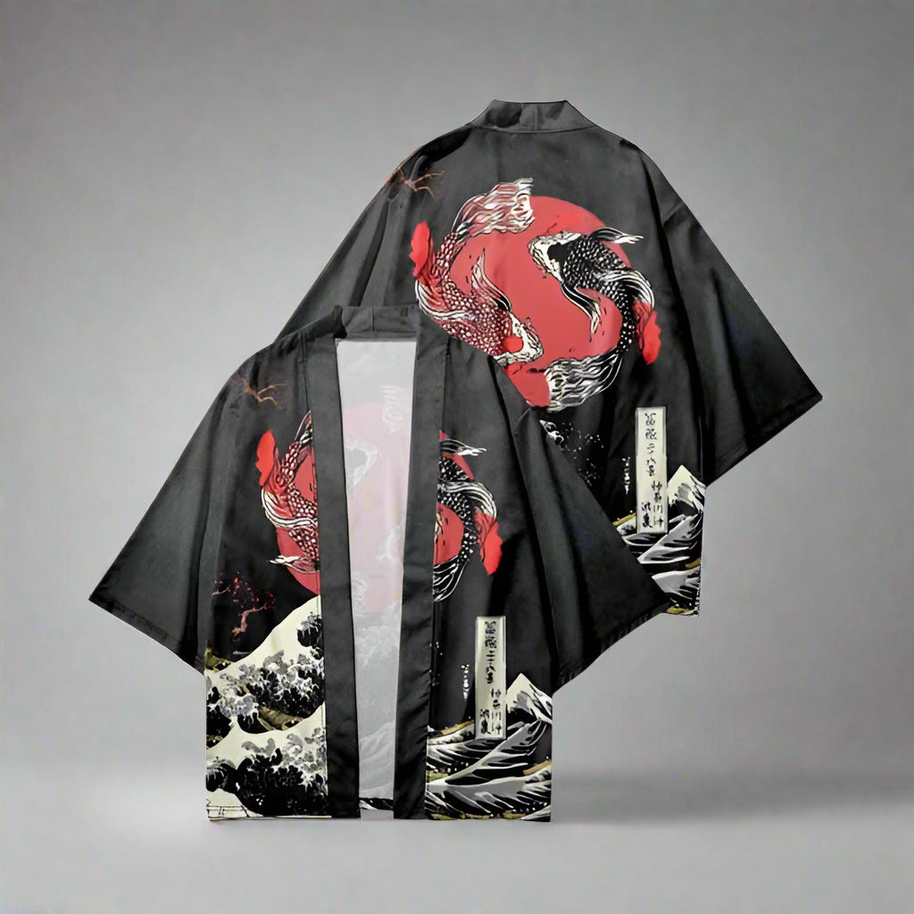 Elegant Koi-Patterned Kimono -  japanese fashion - Elegant Koi-Patterned Kimono Cardigan with Pants - View 5