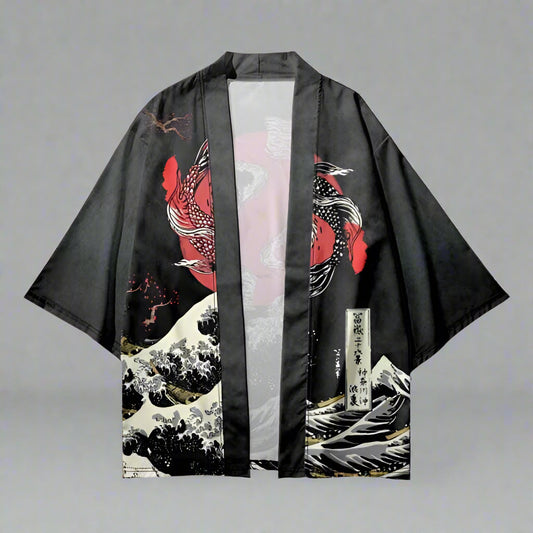 Elegant Koi-Patterned Kimono - koi kimono - Elegant Koi-Patterned Kimono Cardigan with Pants - Main view