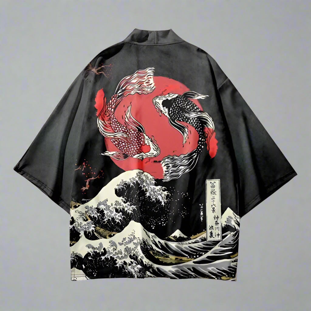 Elegant Koi-Patterned Kimono - traditional kimono - Elegant Koi-Patterned Kimono Cardigan with Pants - View 2