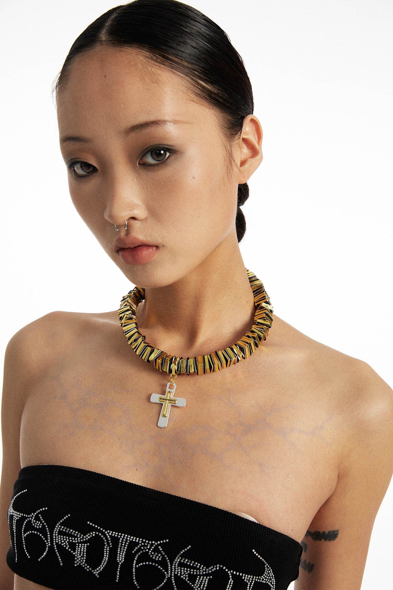 Elegant Two-Tone Cross Necklace -  leather necklace - Two-Tone Cross Necklace for a Bold Statement - View 5