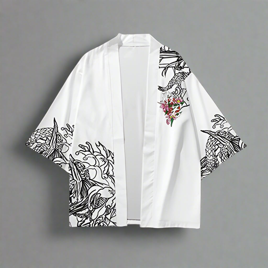 Elegantly White Oni Kimono - japanese kimono - Elegant White Oni Kimono with Mythical Print - Main view