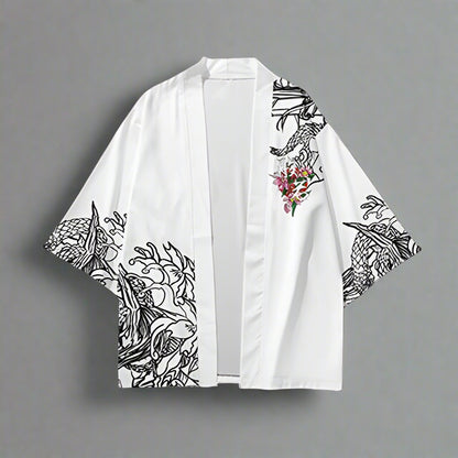 Elegantly White Oni Kimono - japanese kimono - Elegant White Oni Kimono with Mythical Print - Main view